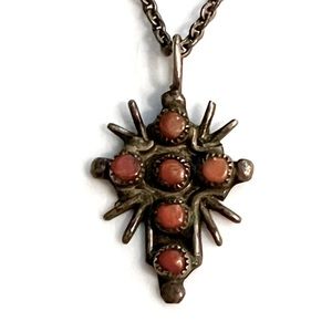 Zuni, Old Pawn Sterling Silver Red Coral Crucifix / Cross Pendant 18” Necklace